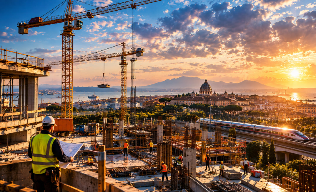 Cantiere edile in Italia con gru e impalcature
